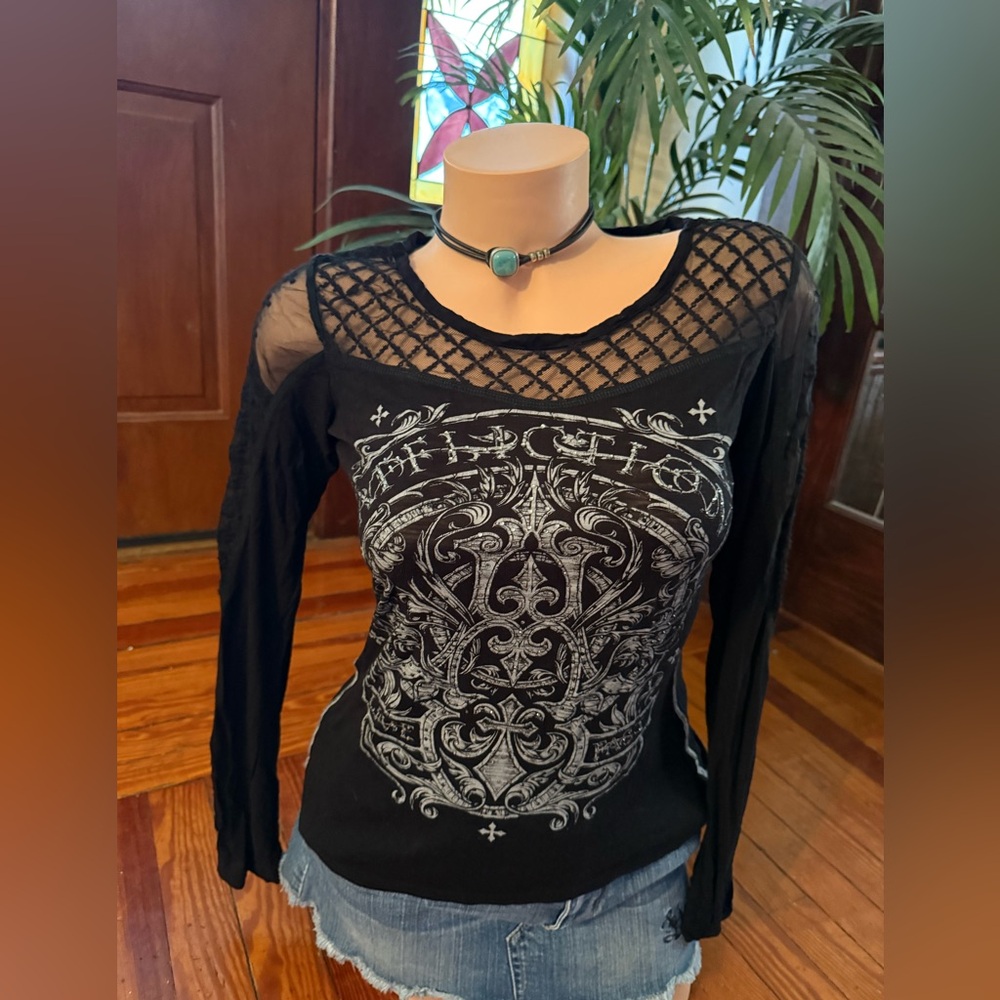 Affliction Black and Gray Graphic Long Sleeve Top Size Small